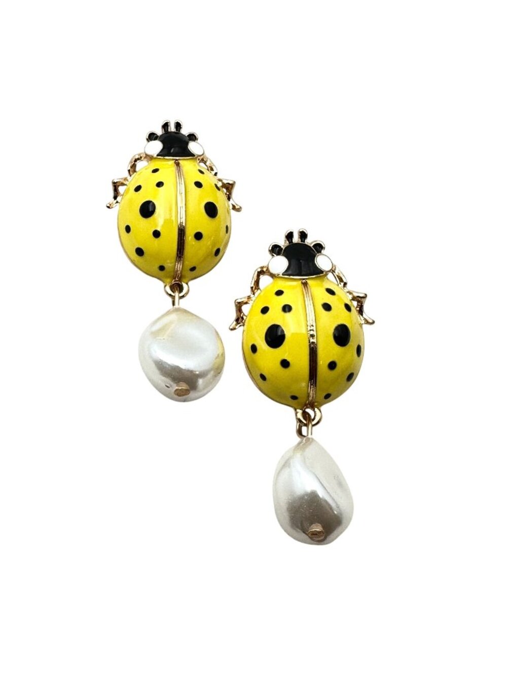 Womens Earrings Pierced Lady Bug Yellow Enamel Faux Pearl Gold Tone Chandelier